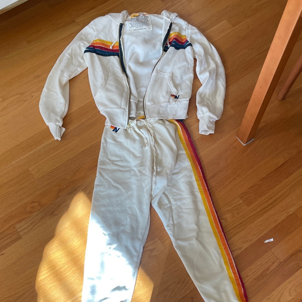 Aviator Nation Cream Hoodie with Rainbow Stripes